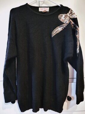Vintage 80s Metro Black Silk/Angora/Wool Sweater Gold Sequin Ribbon S Small